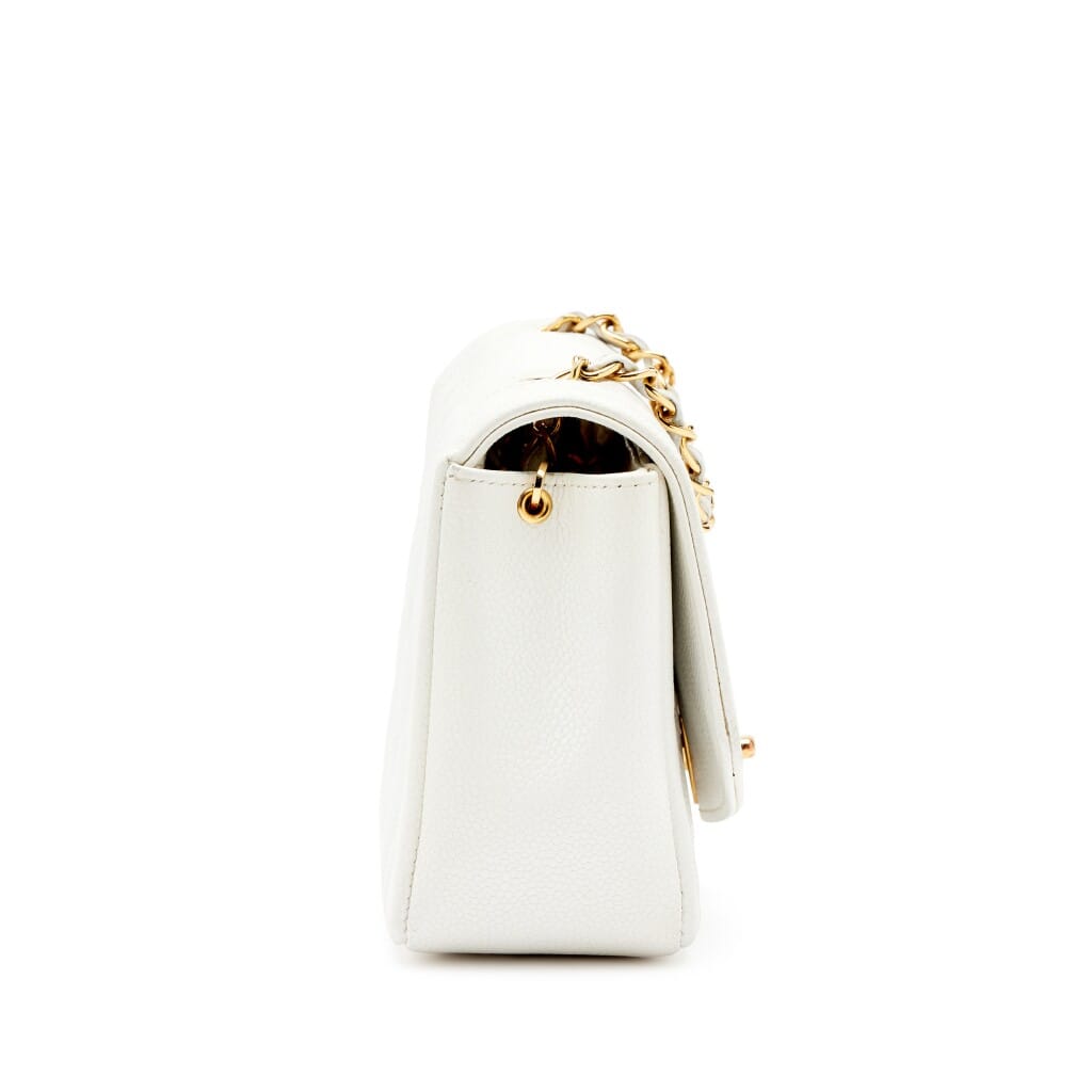 Vintage White Quilted Caviar Small Diana Flap Bag Gold Hardware, 1991-1994