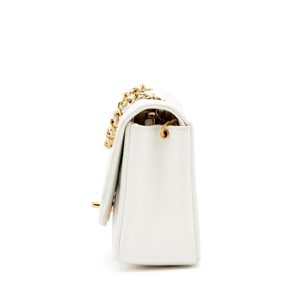 Vintage White Quilted Caviar Small Diana Flap Bag Gold Hardware, 1991-1994