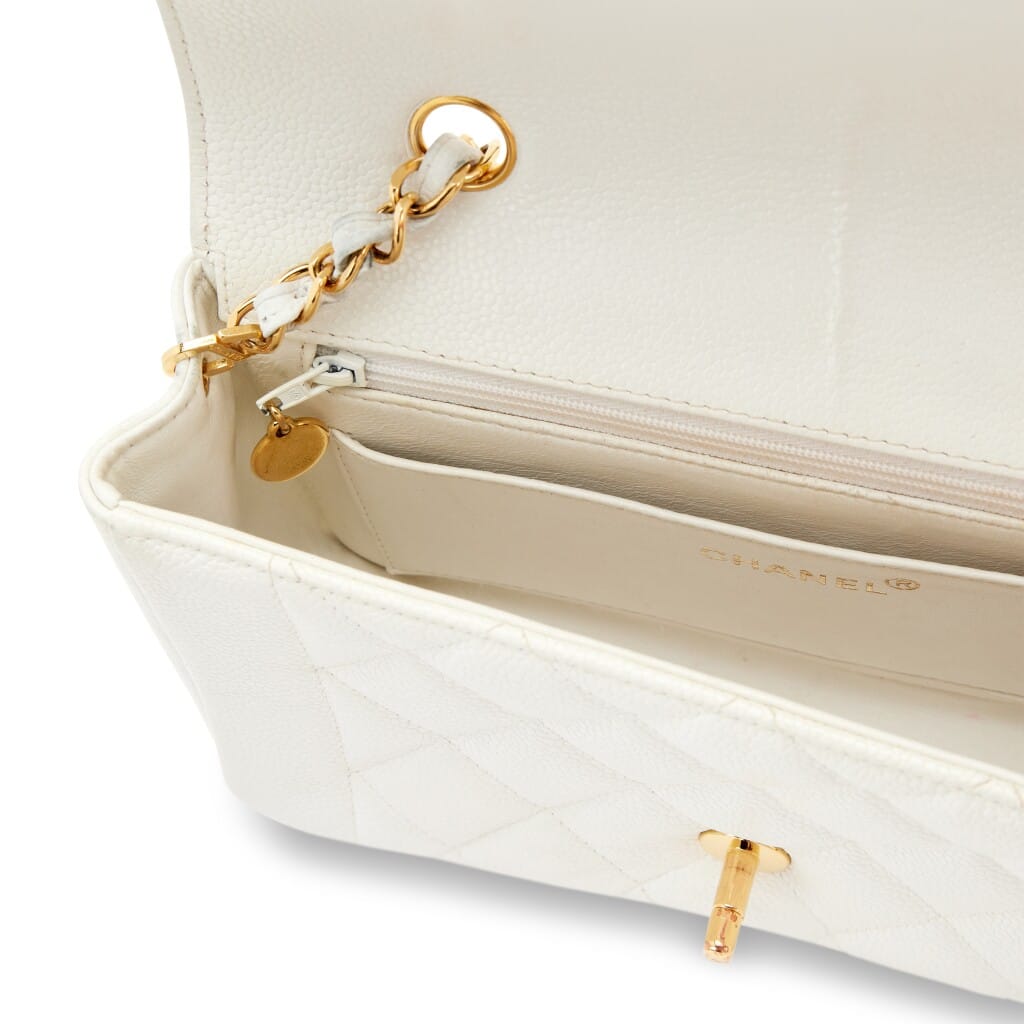 Vintage White Quilted Caviar Small Diana Flap Bag Gold Hardware, 1991-1994