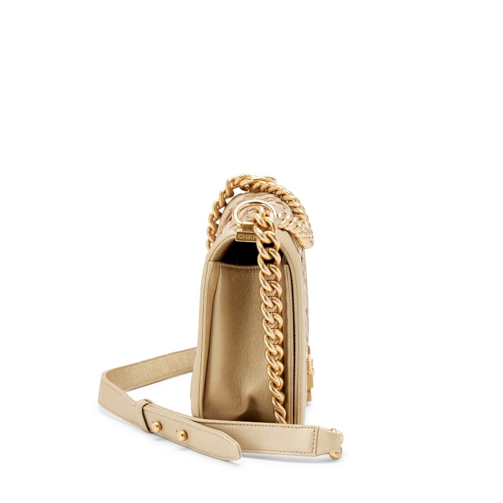 Metallic Gold Woven Lambskin CC Cut Out Medium Boy Bag Aged Gold Hardware, 2015