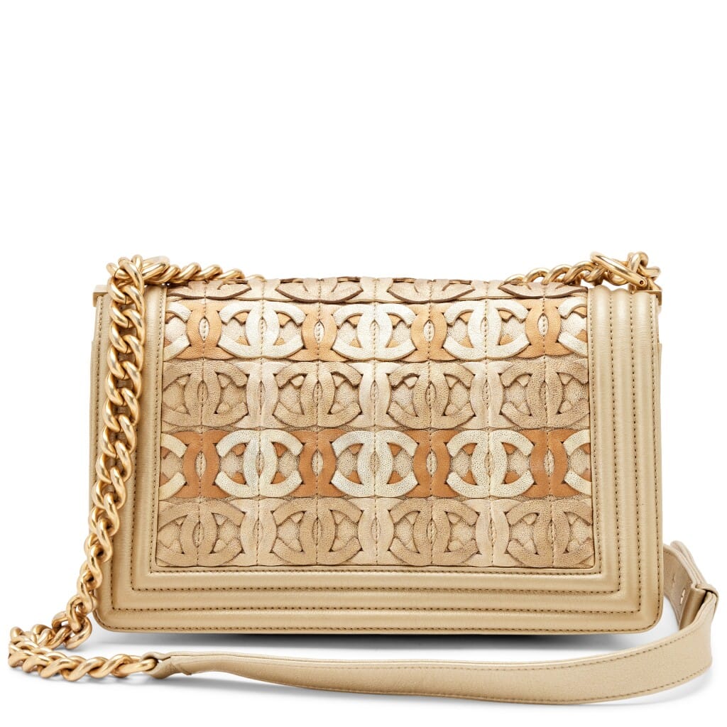 Metallic Gold Woven Lambskin CC Cut Out Medium Boy Bag Aged Gold Hardware, 2015