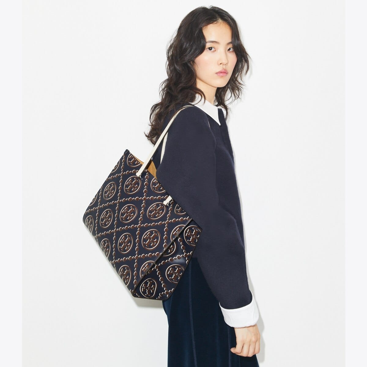 T Monogram Contrast Embossed Tote