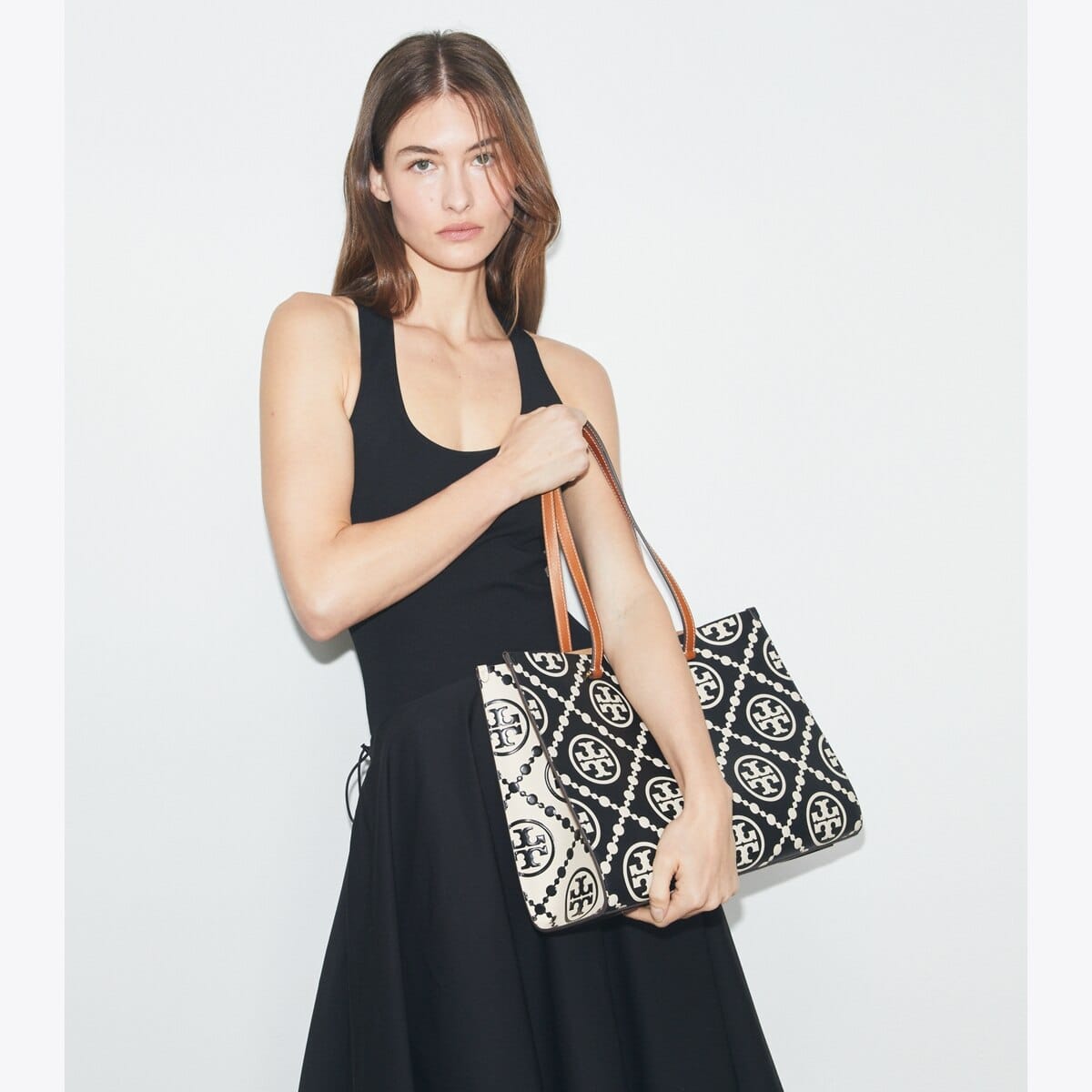 T Monogram Contrast Embossed Tote