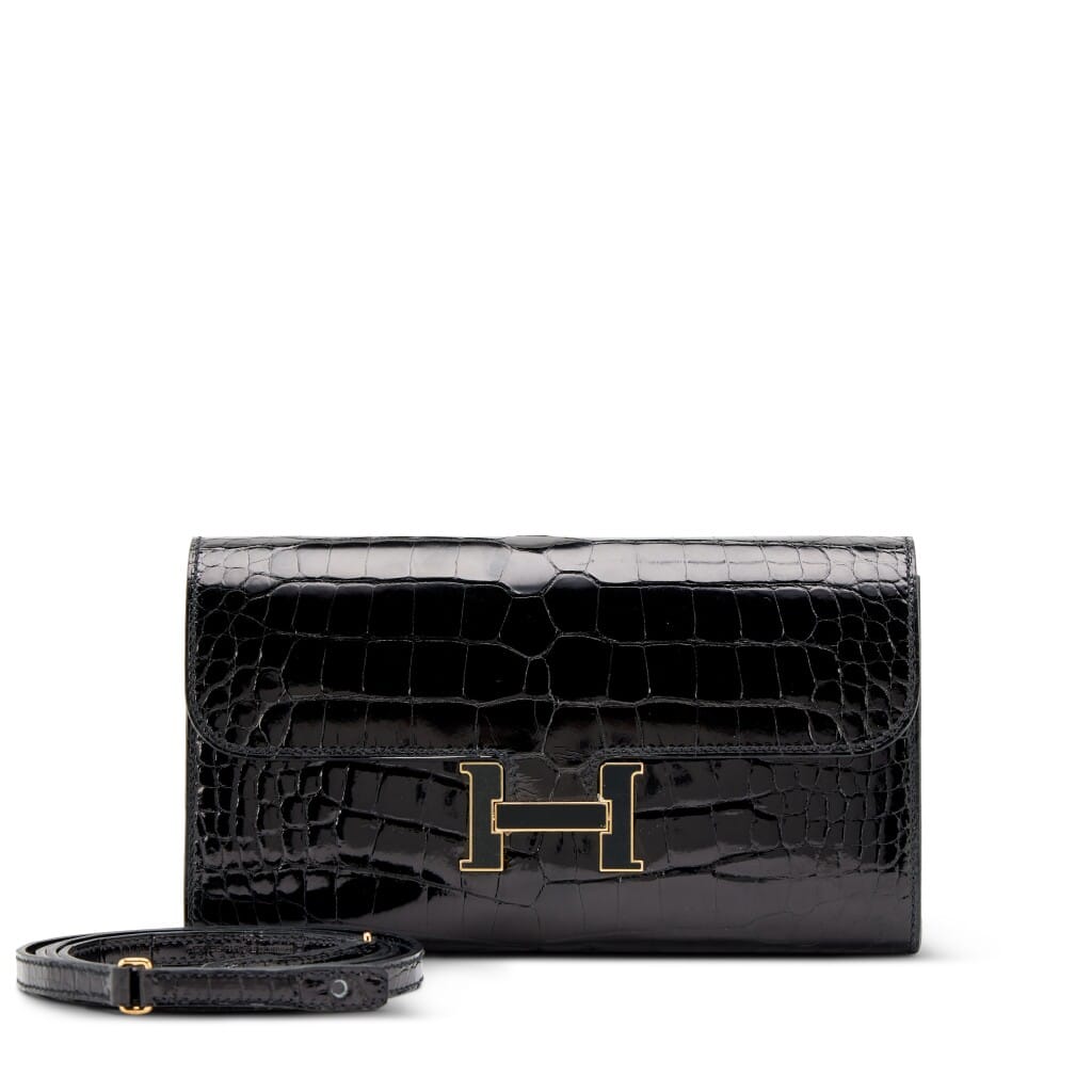 Black Shiny Alligator Constance-To-Go Wallet Black and Gold Enamel Hardware, 2022