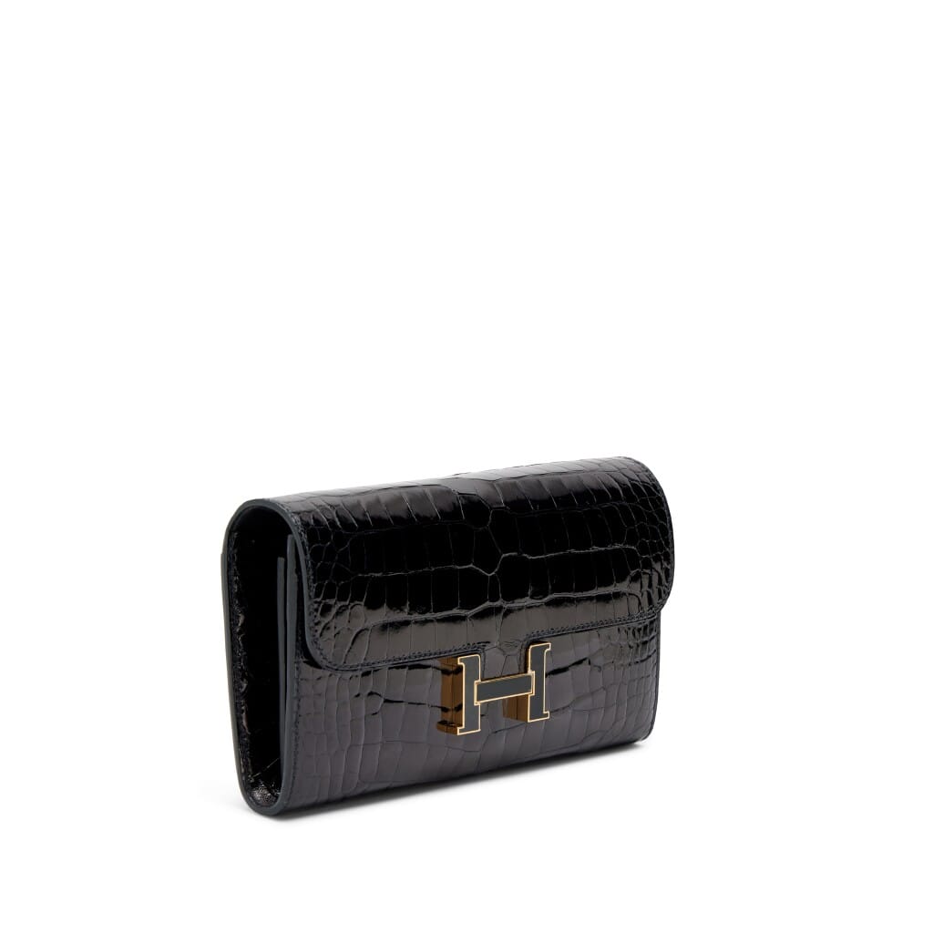 Black Shiny Alligator Constance-To-Go Wallet Black and Gold Enamel Hardware, 2022