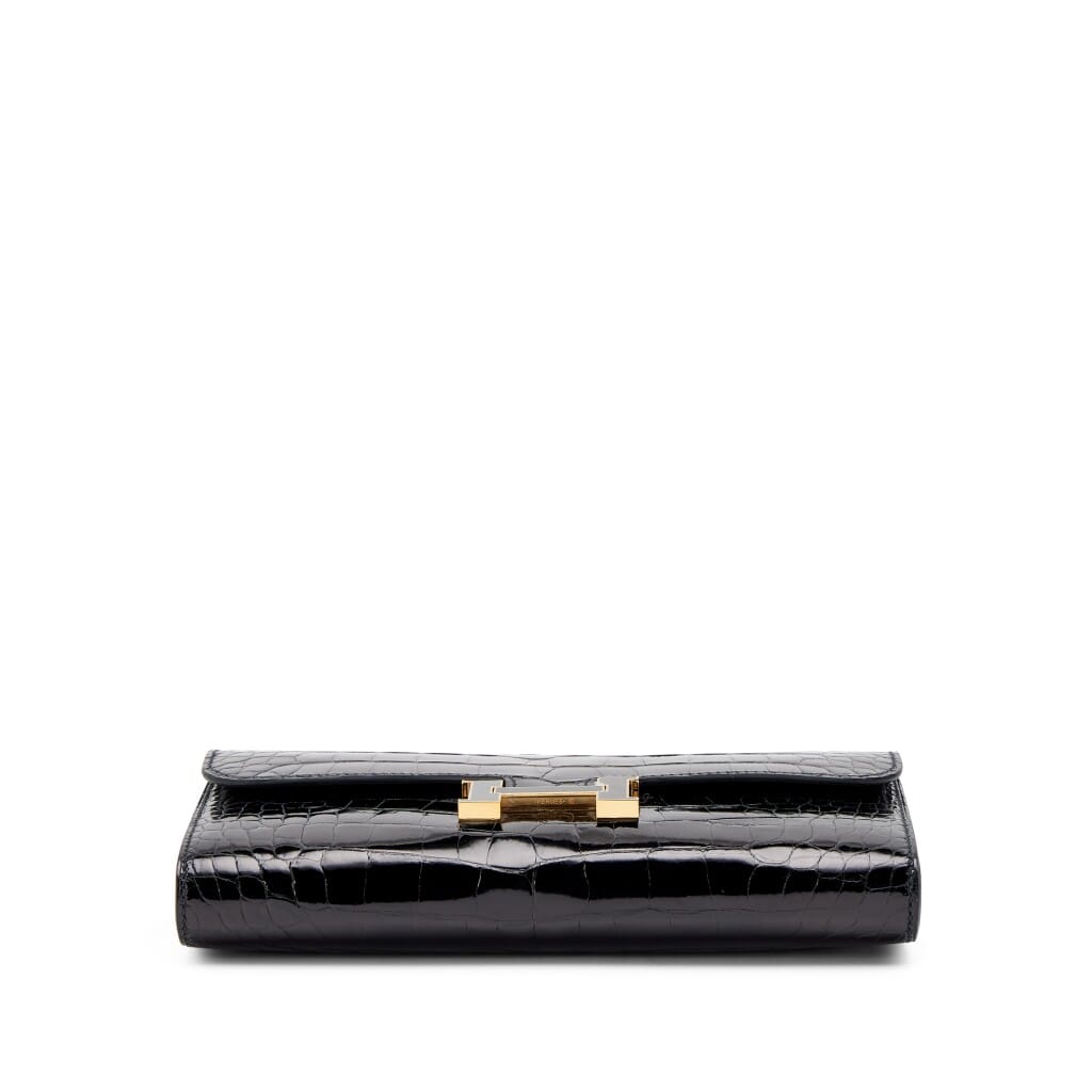 Black Shiny Alligator Constance-To-Go Wallet Black and Gold Enamel Hardware, 2022