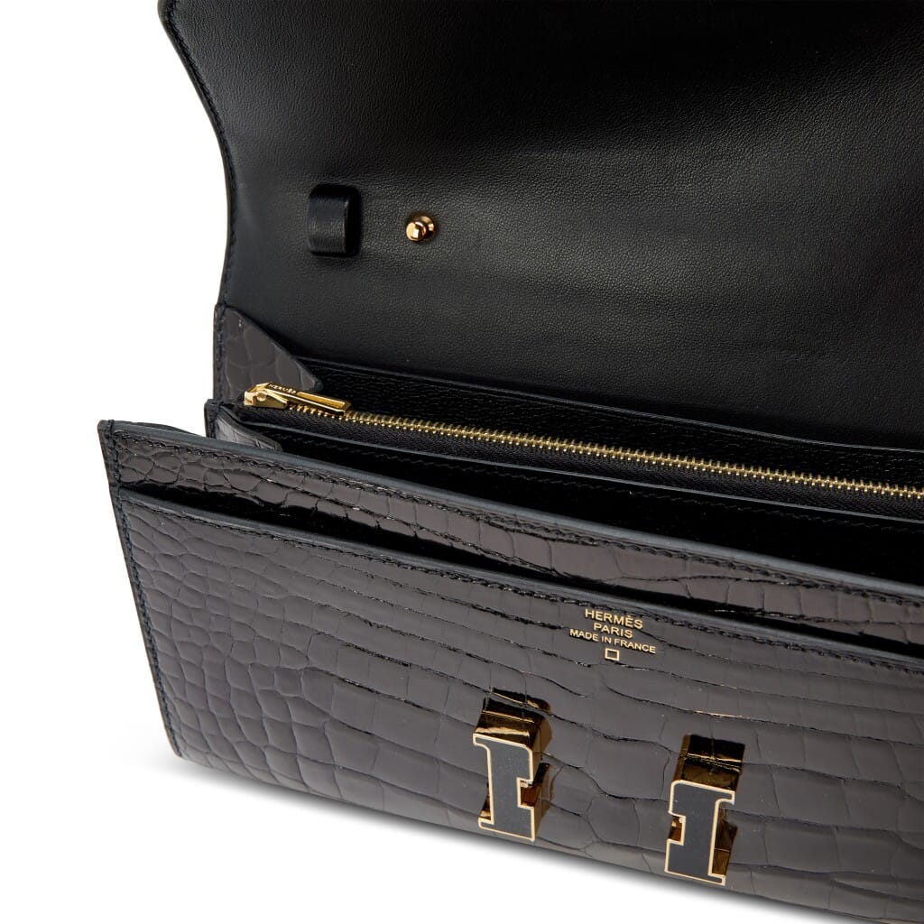 Black Shiny Alligator Constance-To-Go Wallet Black and Gold Enamel Hardware, 2022