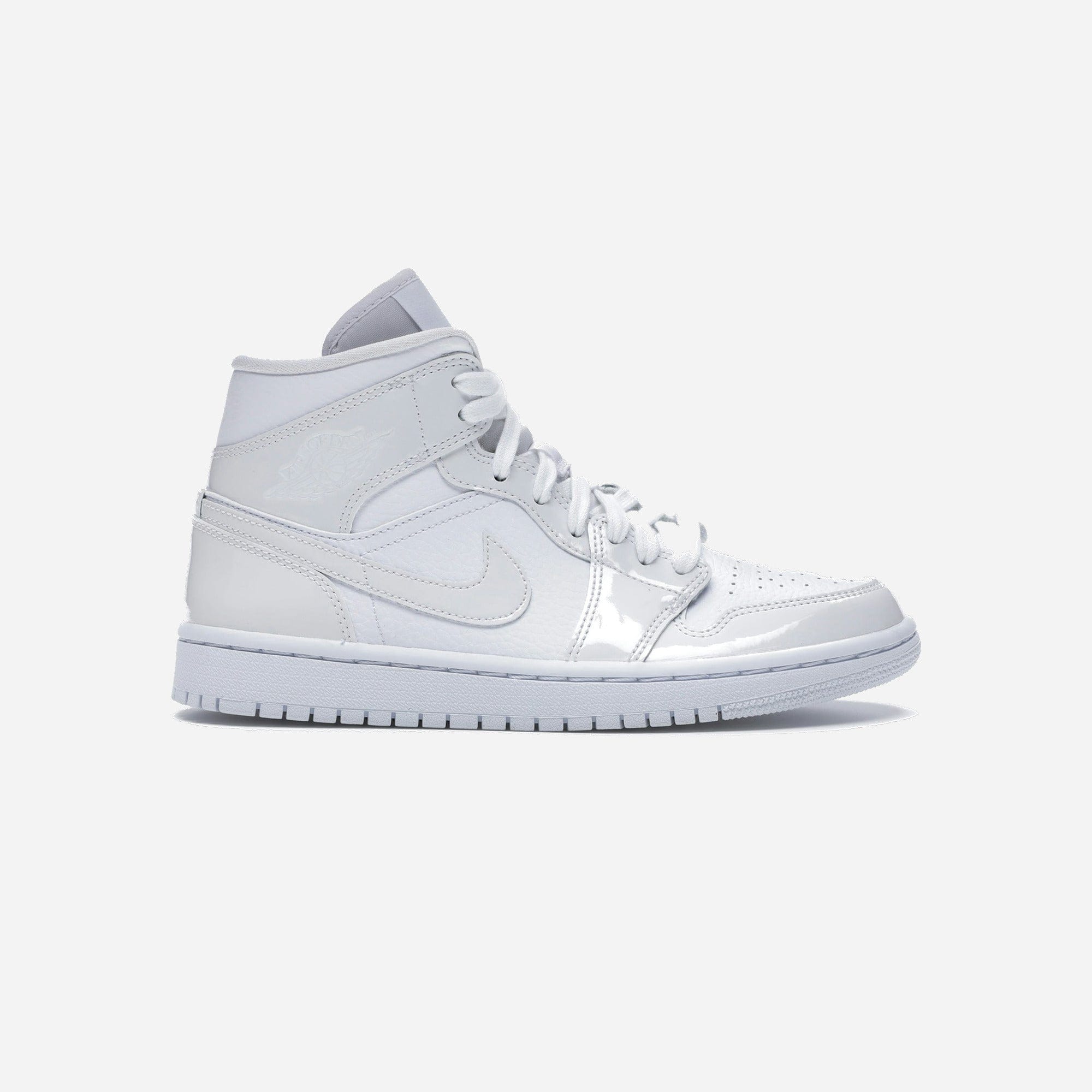 Nike Air Jordan 1 Mid Triple White Patent Swoosh WMNS