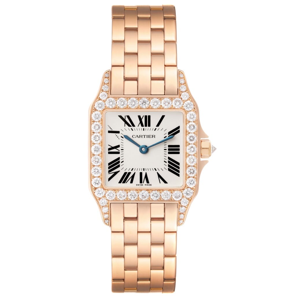 Santos Demoiselle (Reference WF9007Z8). A 26mm rose gold diamond-set quartz wristwatch.