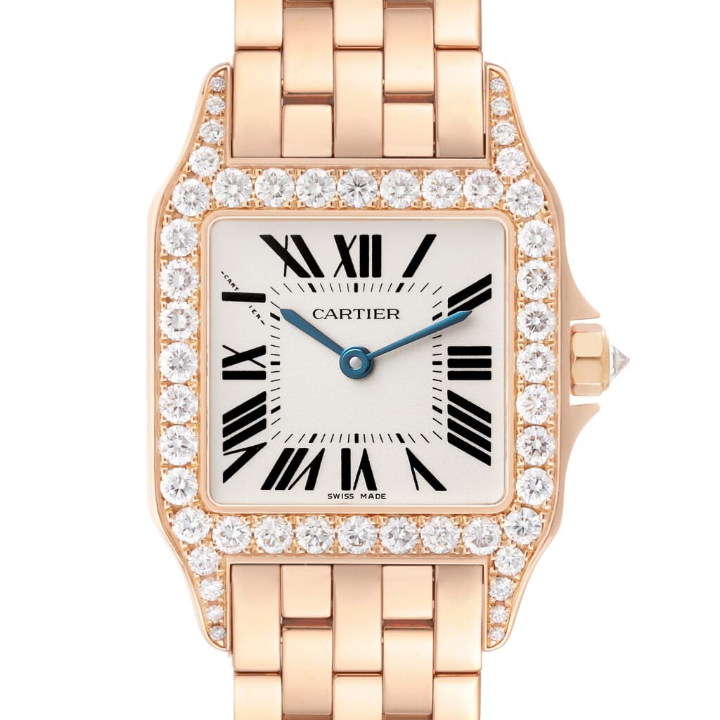 Santos Demoiselle (Reference WF9007Z8). A 26mm rose gold diamond-set quartz wristwatch.