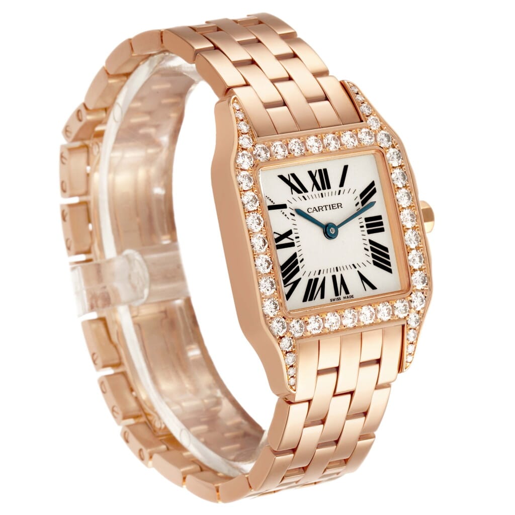 Santos Demoiselle (Reference WF9007Z8). A 26mm rose gold diamond-set quartz wristwatch.