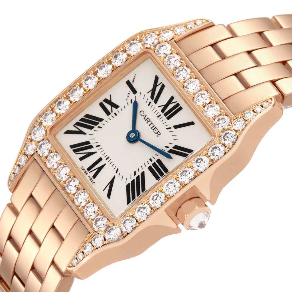Santos Demoiselle (Reference WF9007Z8). A 26mm rose gold diamond-set quartz wristwatch.