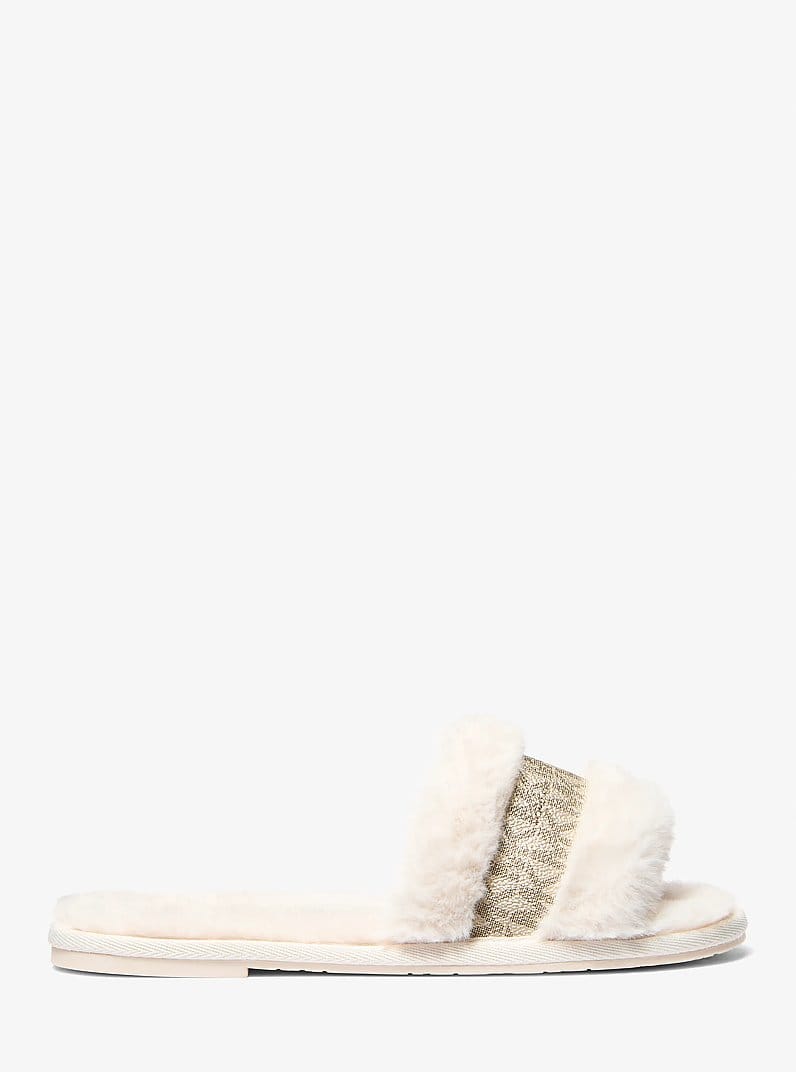 Alexis Faux Fur and Metallic Signature Logo Slide Sandal