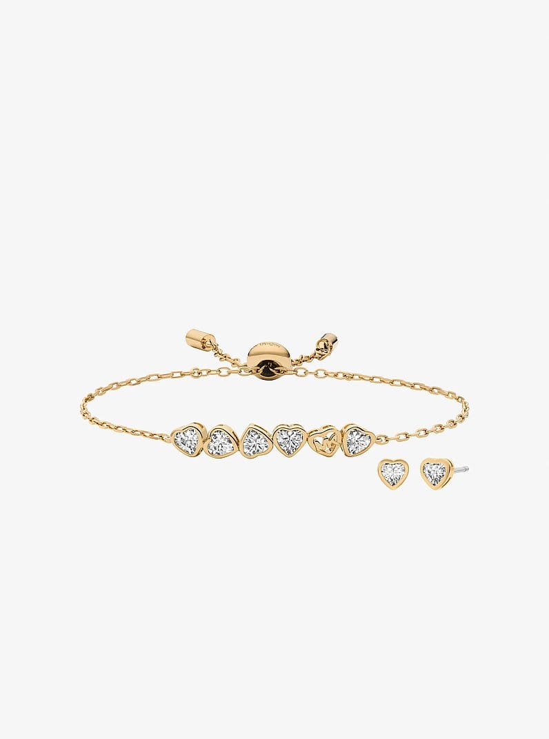 Cubic Zirconia Hearts Slider Bracelet and Stud Earrings
