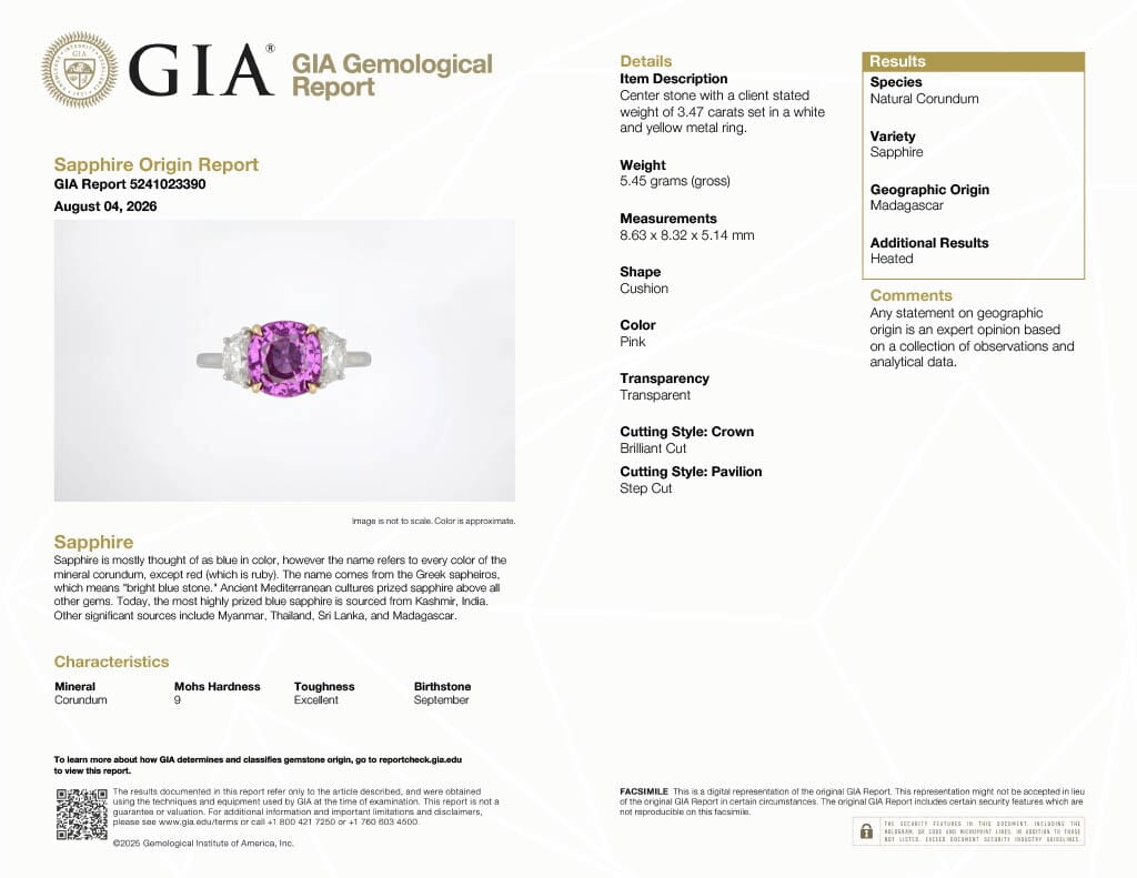 Platinum, Gold, 3.47ct Madagadscar Pink Sapphire and Diamond Ring