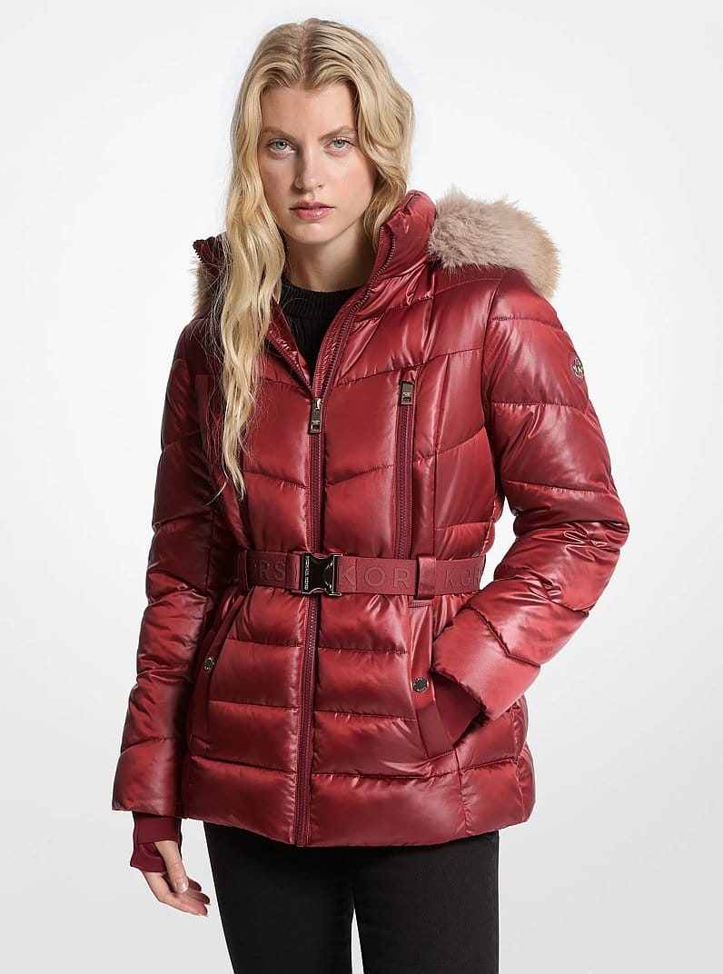 Faux Fur Trim Belted Puffer Jacket
