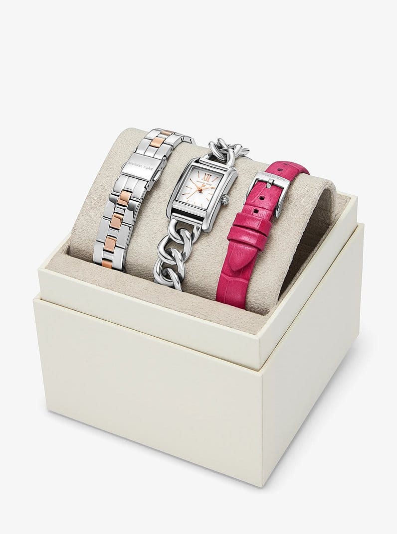 Petite Monroe Two-Tone and Crocodile-Embossed Leather Watch Strap Set