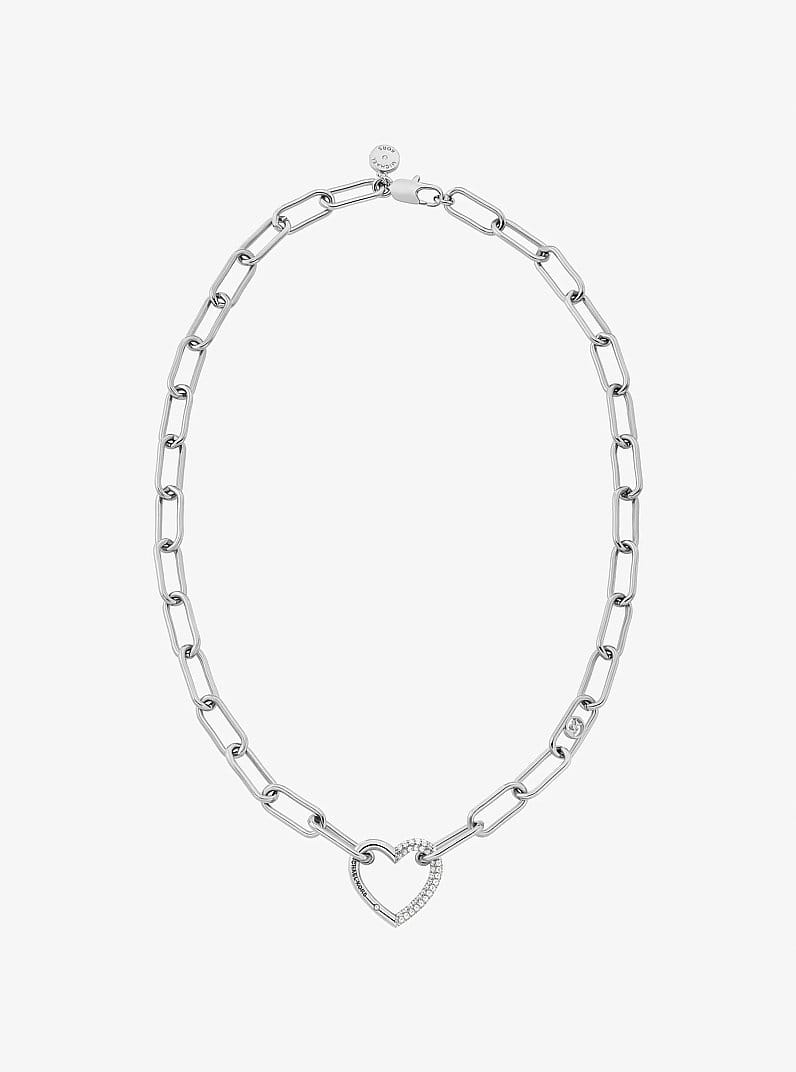 Pavé Heart Curb-Link Necklace