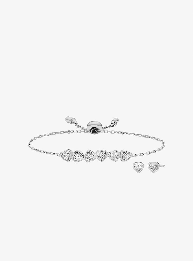 Cubic Zirconia Hearts Slider Bracelet and Stud Earrings