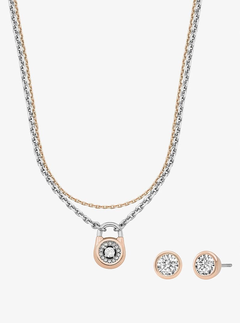 Pavé Two-Tone Lock Necklace and Stud Earrings Jewelry Gift Set