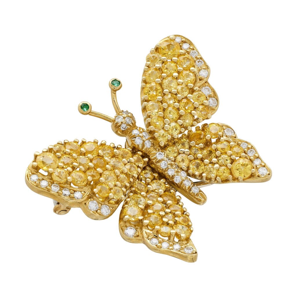 Vintage Gold, Yellow Sapphire, Emerald and Diamond Butterfly Brooch