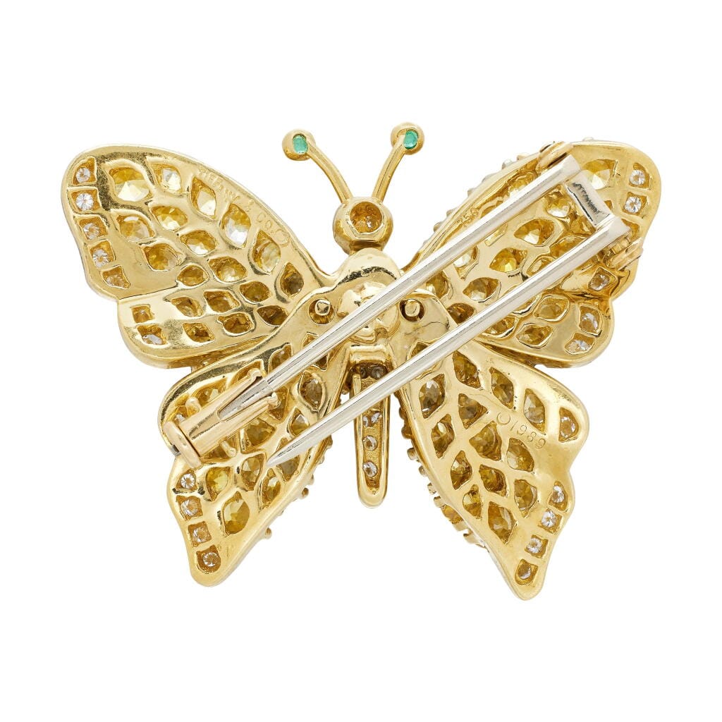 Vintage Gold, Yellow Sapphire, Emerald and Diamond Butterfly Brooch