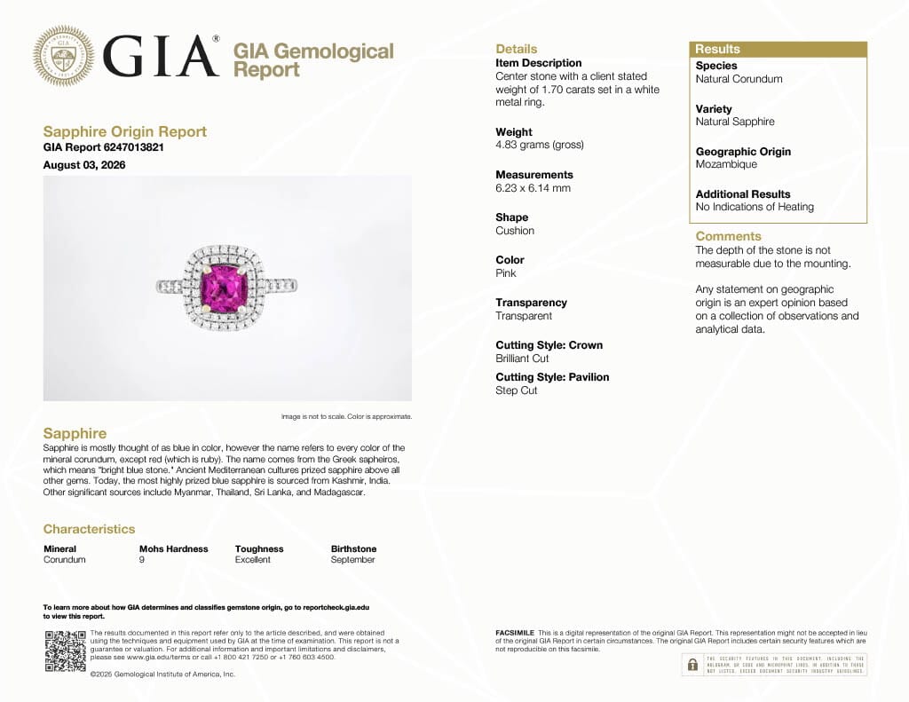 White Gold, 1.70ct Mozambique Pink Sapphire and Diamond Ring