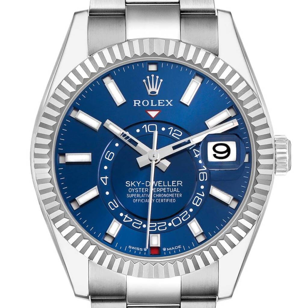 Sky-Dweller (Reference 336934). A 42mm stainless steel white gold automatic wristwatch with date and dual time. 2024
