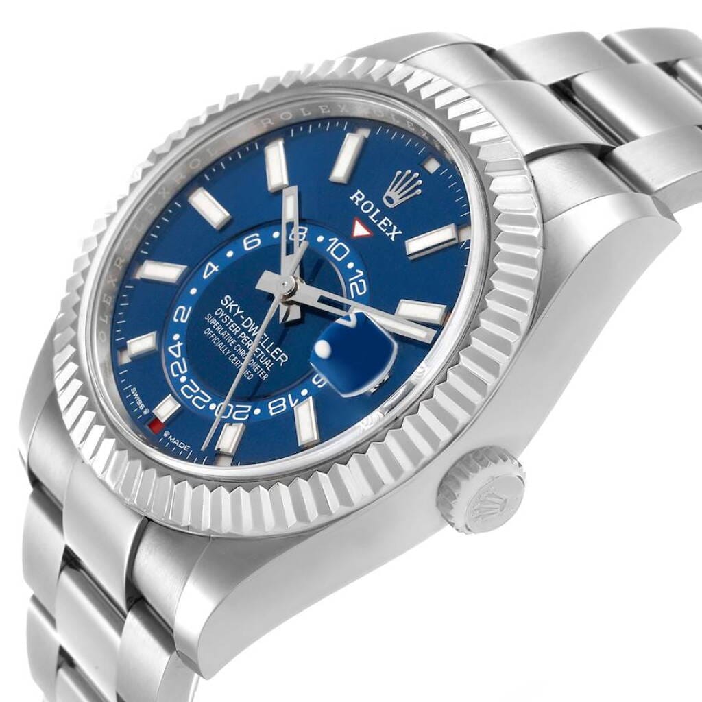Sky-Dweller (Reference 336934). A 42mm stainless steel white gold automatic wristwatch with date and dual time. 2024