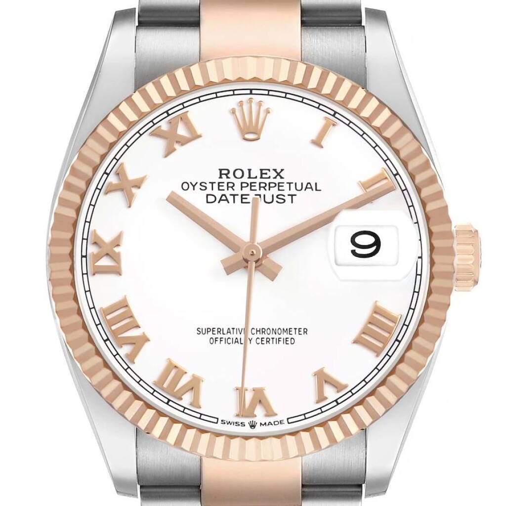 Datejust (Reference 126231). A 36mm rose gold stainless steel automatic wristwatch with date.