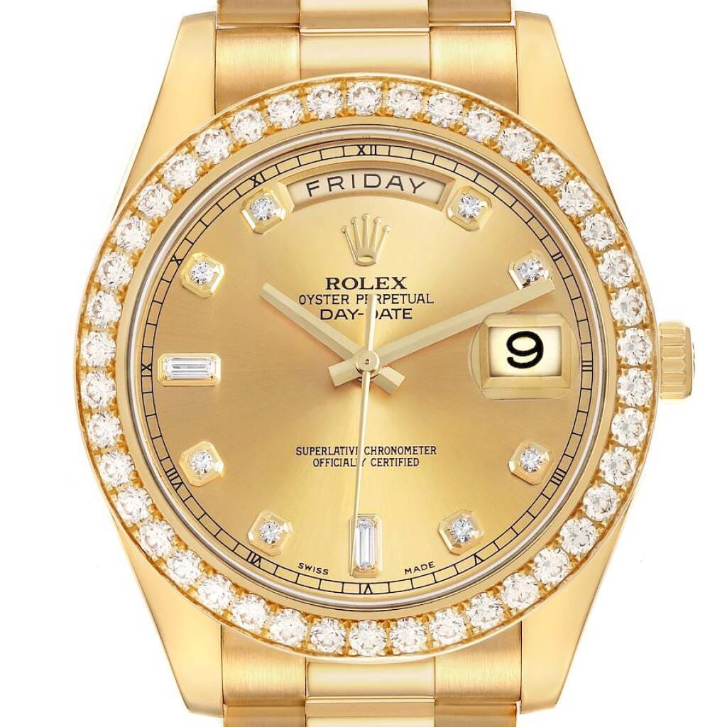 President Day-Date (Reference 218348). A 41mm yellow gold diamond-set automatic wristwatch with date and day. 2011