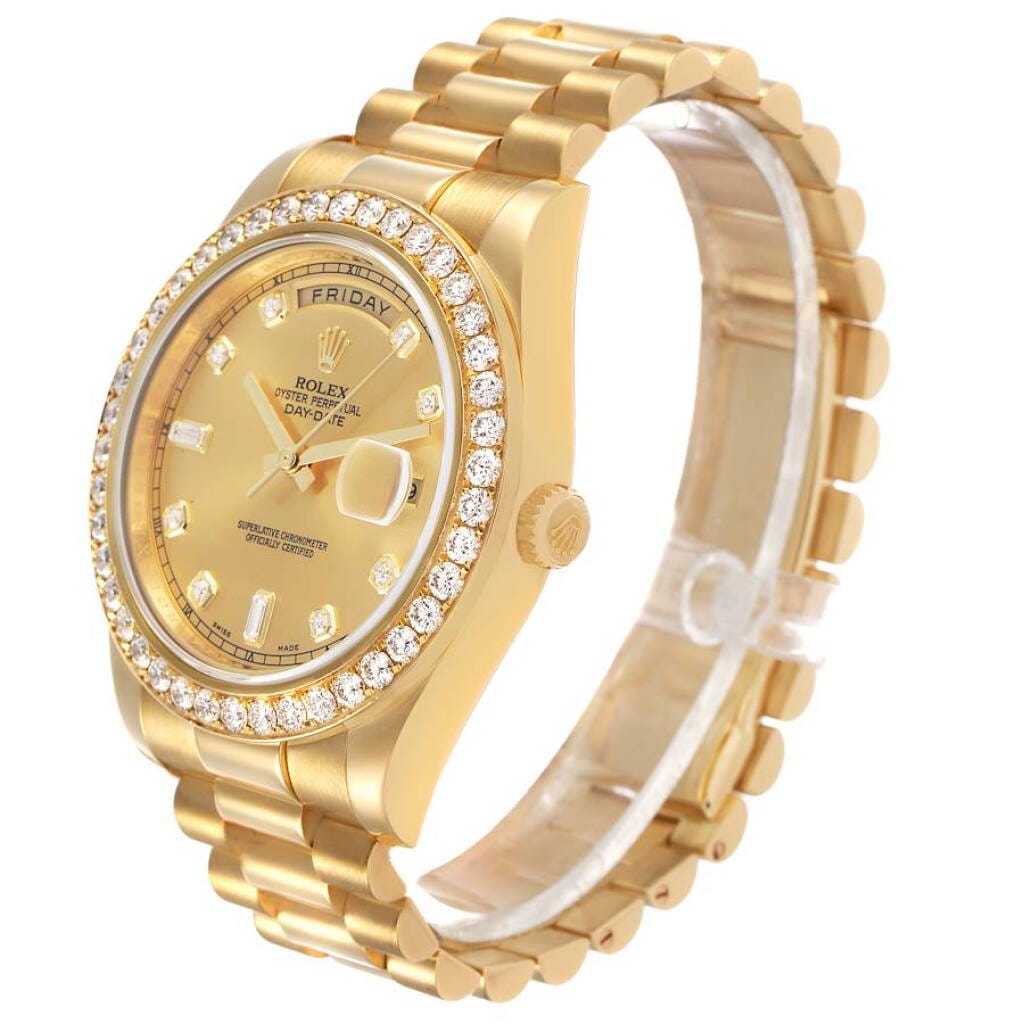 President Day-Date (Reference 218348). A 41mm yellow gold diamond-set automatic wristwatch with date and day. 2011