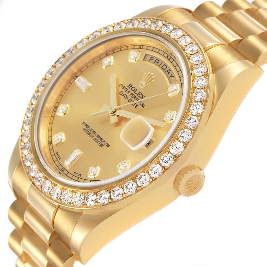 President Day-Date (Reference 218348). A 41mm yellow gold diamond-set automatic wristwatch with date and day. 2011