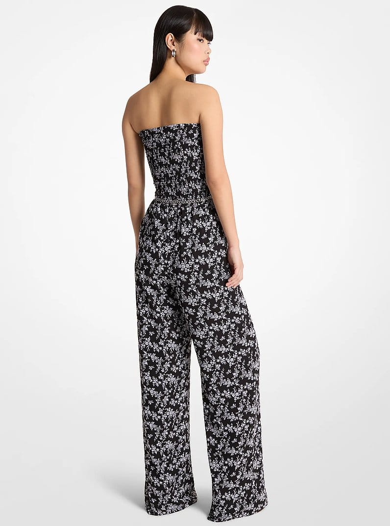 Floral Print Smocked Georgette Belted Jumpsuit