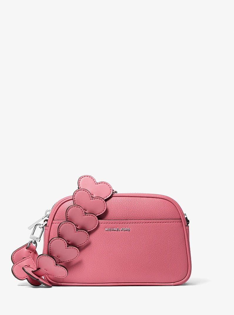 Jet Set Small Leather and Heart Embellished Strap Camera Crossbody Bag