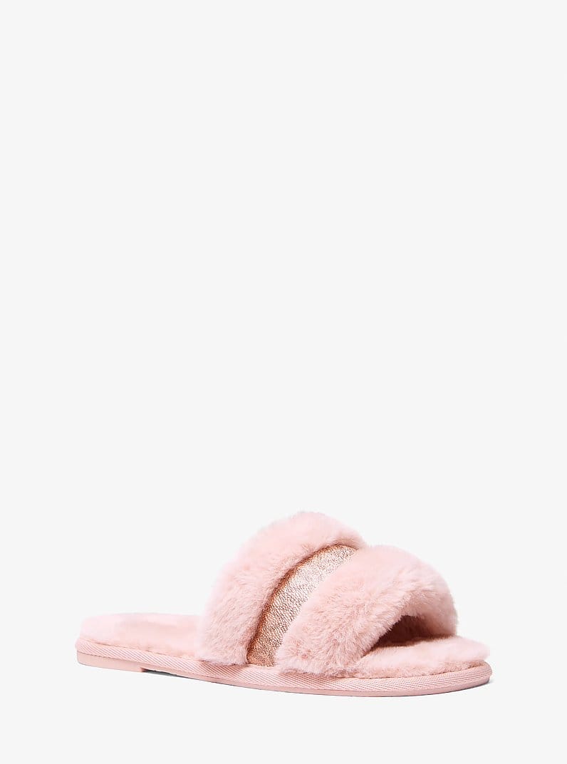 Alexis Faux Fur and Metallic Signature Logo Slide Sandal