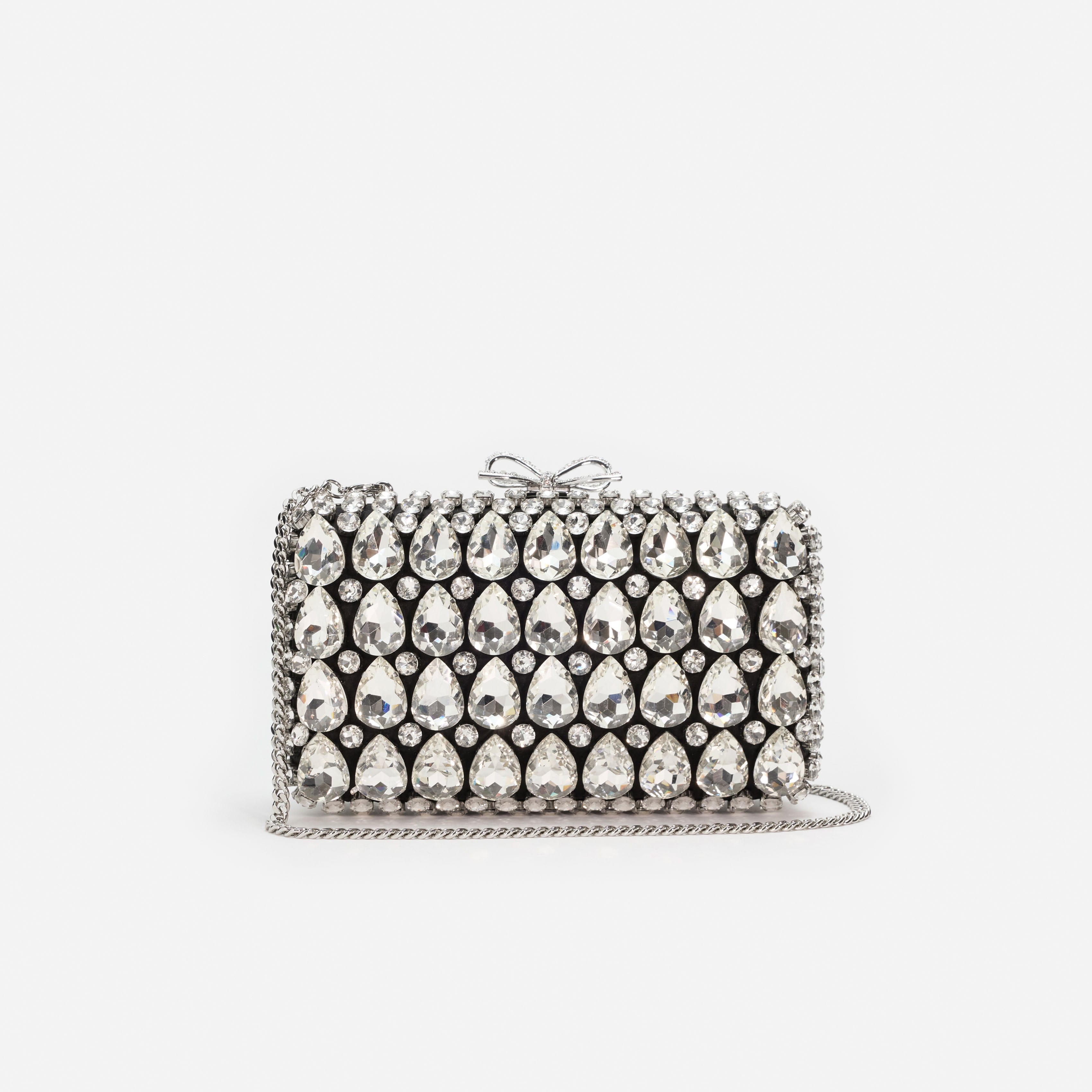 Black Satin Crystal Clutch Bag