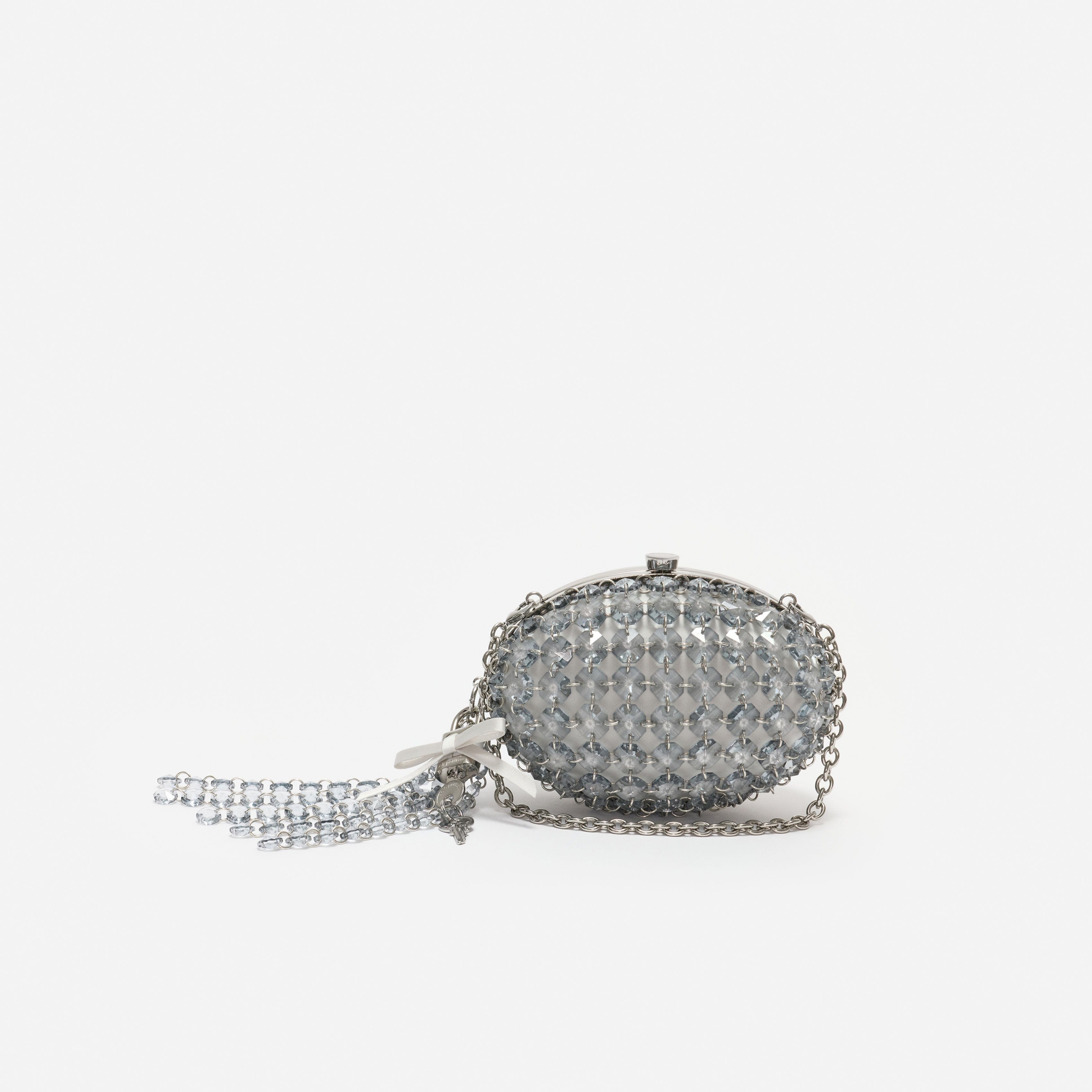 Grey Oval Crystal Chain Clutch Bag