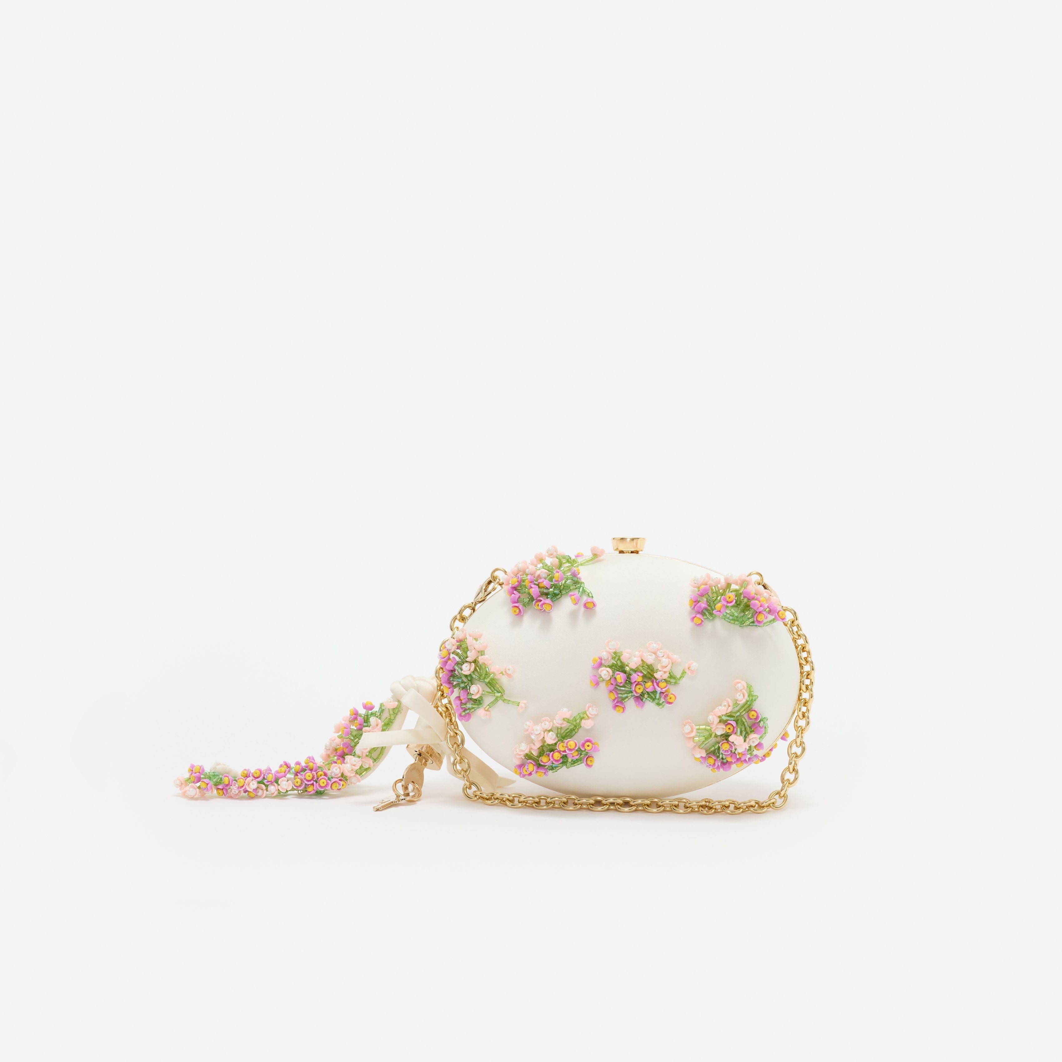 Cream Satin Pink Floral Beaded Oval Clutch
