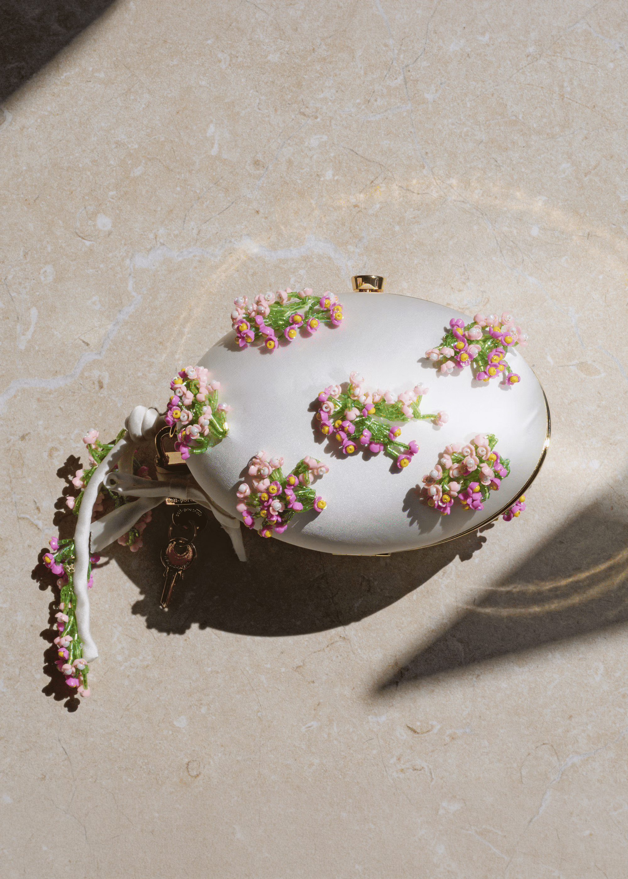 Cream Satin Pink Floral Beaded Oval Clutch