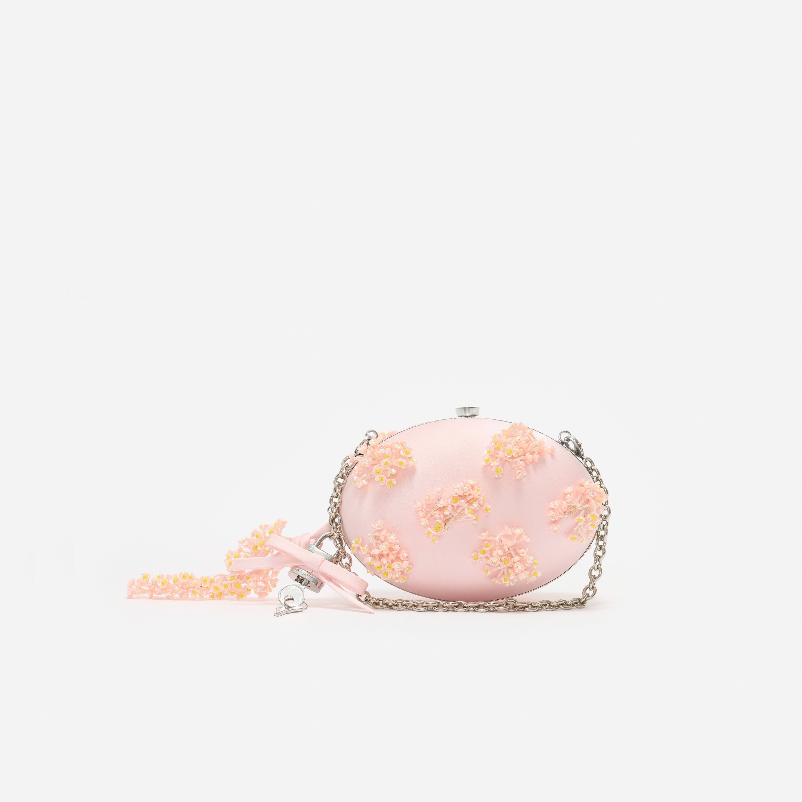 Pink Satin Floral Beaded Oval Clutch