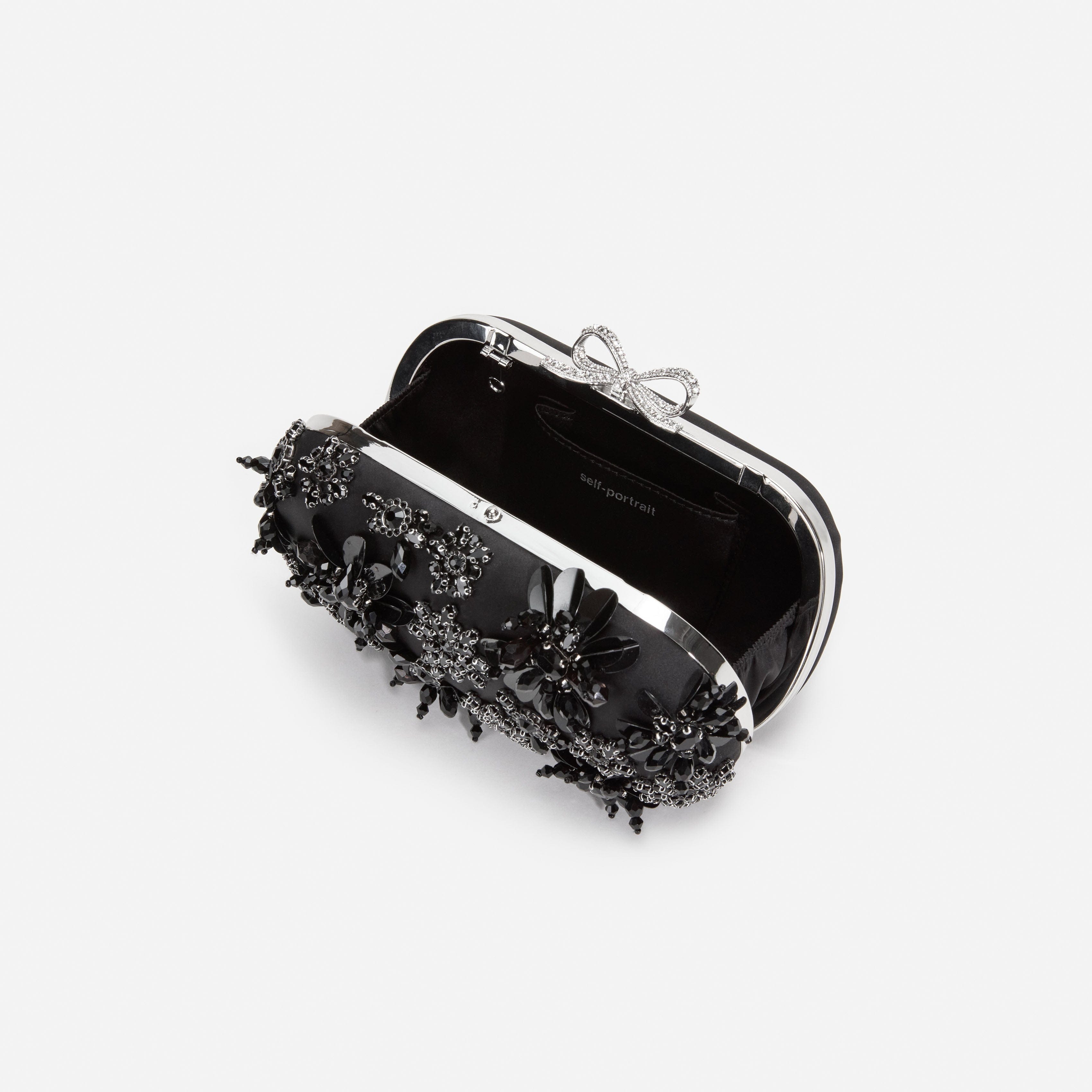 Black Satin Floral Crystal Clutch Bag