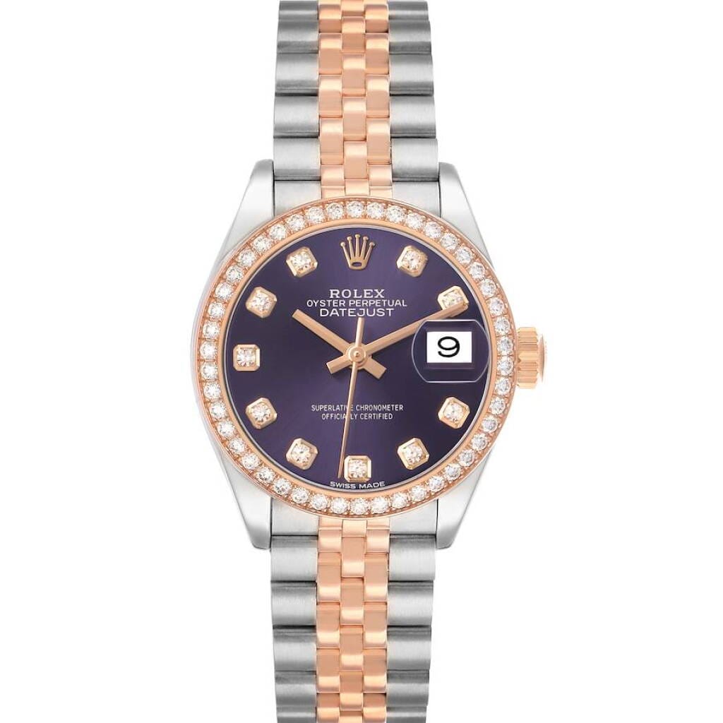 Datejust (Reference 279381). A 28mm stainless steel rose gold diamond-set automatic wristwatch with date.