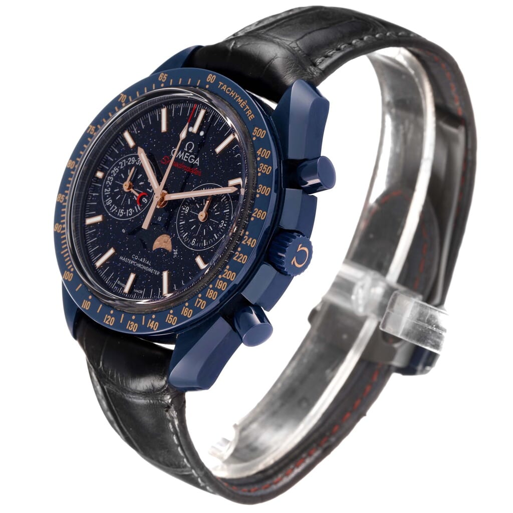 Speedmaster Blue Side of the Moon (Reference 304.93.44.52.03.002). A 44.25mm blue ceramic automatic wristwatch with date, chronograph, and moonphase. 2019
