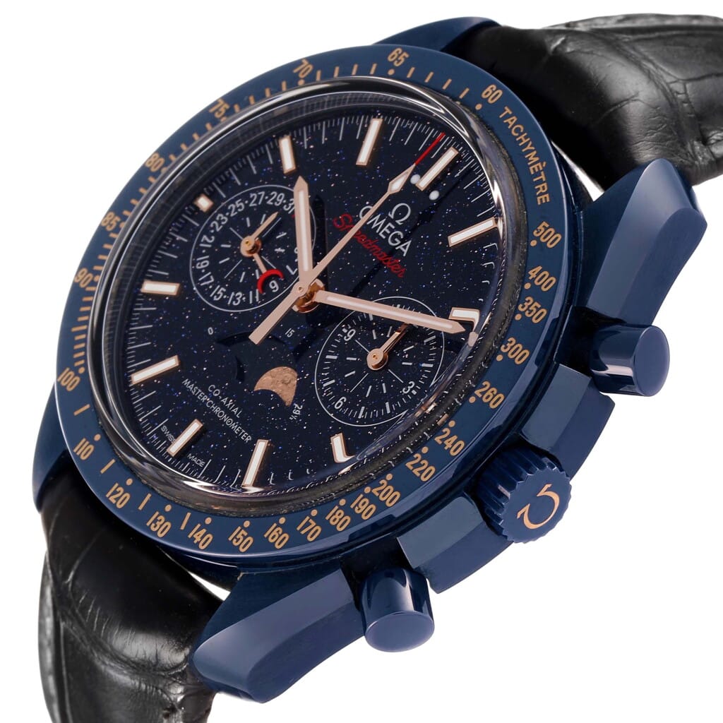 Speedmaster Blue Side of the Moon (Reference 304.93.44.52.03.002). A 44.25mm blue ceramic automatic wristwatch with date, chronograph, and moonphase. 2019