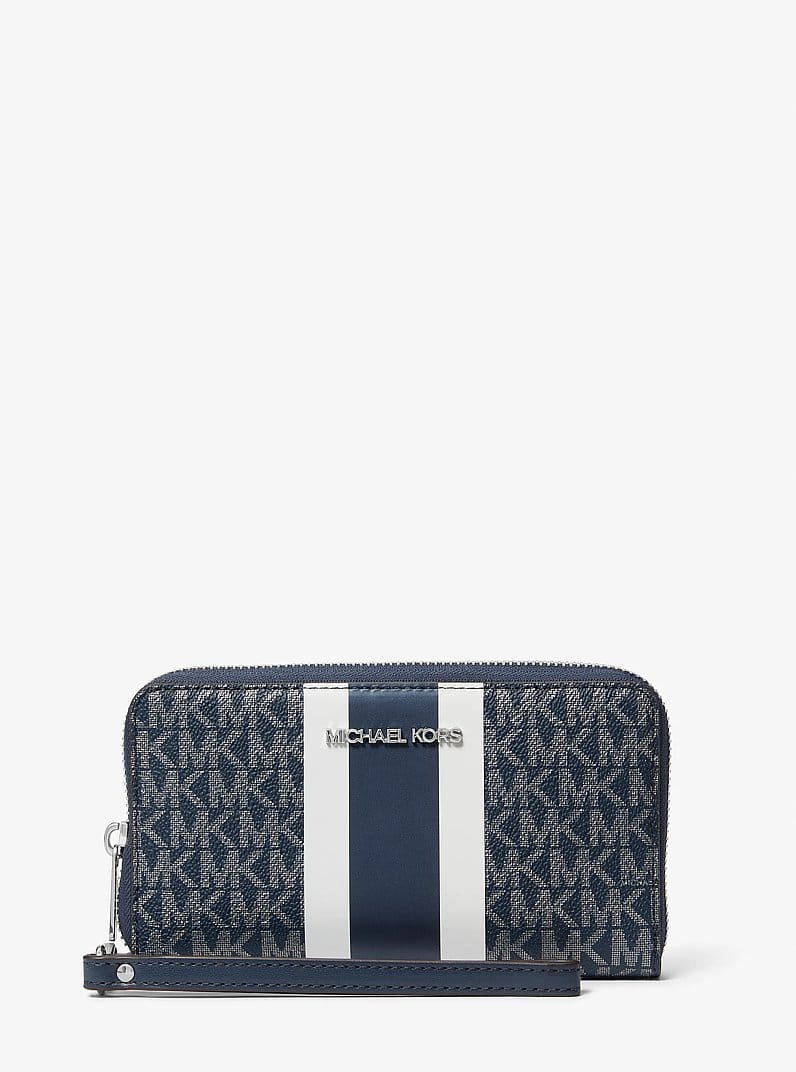 Jet Set Large Metallic Signature Logo Stripe Smartphone Wallet