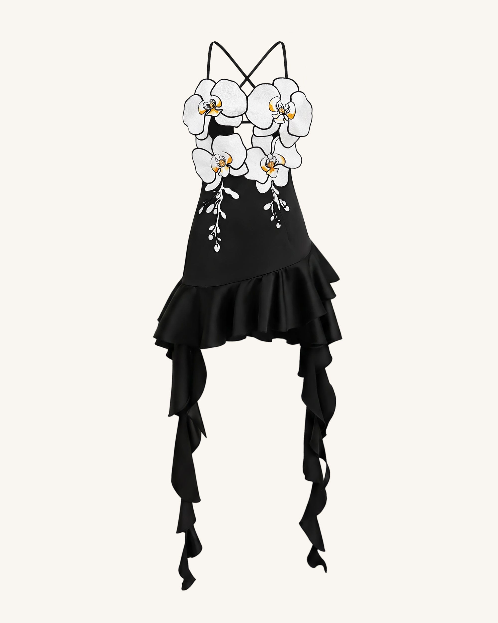Orchid Embroidered Ruffle Hem Mini Dress - Black