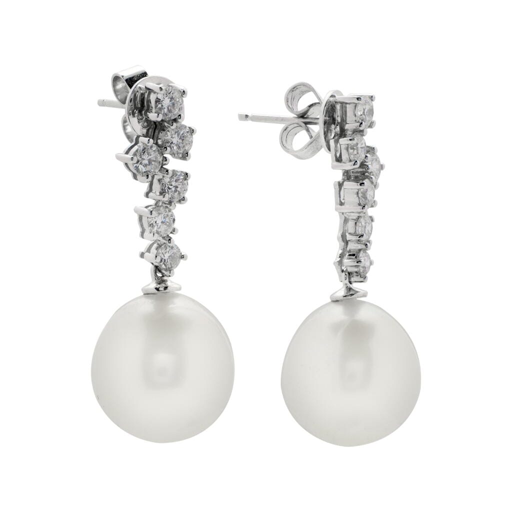 White Gold, Cultured Pearl and Diamond Drop Earrings