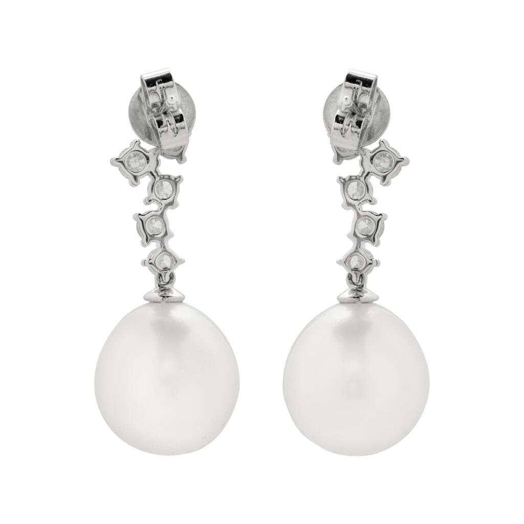 White Gold, Cultured Pearl and Diamond Drop Earrings