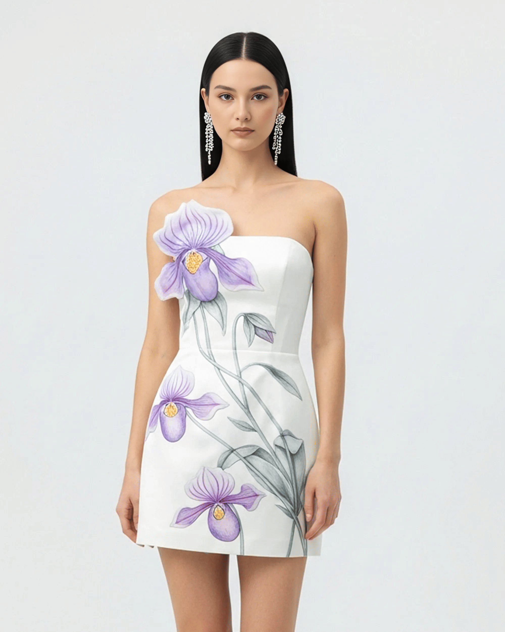 Slipper Orchid Appliqué Mini Dress - Ivory/Blue